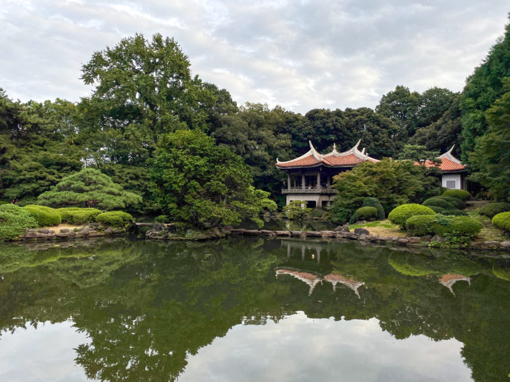 Pond and temple at Shinjuku Park. iPhone 11 Pro camera.