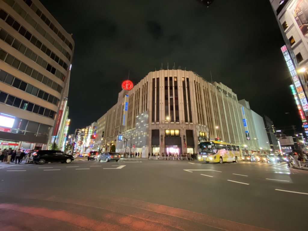 Isetan department store in Shinjuku in the evening. Iphone 11 Pro super wide angle lens.